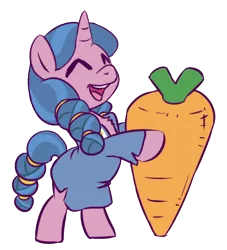 Size: 425x469 | Tagged: artist needed, safe, derpibooru import, little violet, pony, unicorn, shadow play, bipedal, braid, carrot, clothes, cute, dress, eyes closed, female, filly, food, giant carrot, giant food, hoof hold, robe, simple background, smiling, solo, white background