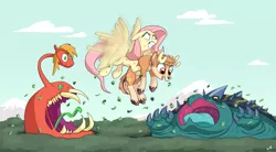 Size: 9600x5280 | Tagged: absurd resolution, artist:docwario, bush, carrying, deer, derpibooru import, fluttershy, flying, monster, oc, oc:willowtree, safe, sweat