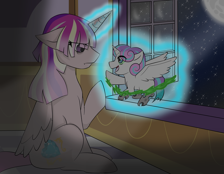 Size: 3250x2517 | Tagged: semi-grimdark, artist:jolliapplegirl, derpibooru import, princess cadance, oc, oc:thoughtful reflection, alicorn, changeling, dark star au, alternate timeline, alternate universe, crystal war timeline, disguise, disguised changeling, female, magic, male, moon, next generation, night, story in the source, story included, transformation