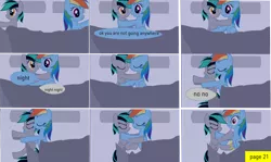 Size: 3975x2377 | Tagged: 1000 hours in ms paint, artist:closingrain, artist:mellowbomb, bed, comic, comic:calamity fateful, derpibooru import, dialogue, groin attack, oc, oc:closingrain, rainbow dash, safe, sleeping