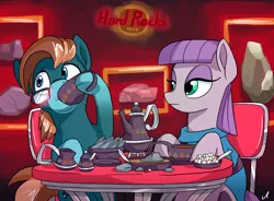 Size: 7600x5600 | Tagged: safe, artist:docwario, derpibooru import, maud pie, oc, oc:hovering electron, earth pony, pony, absurd resolution, cafe, canon x oc, cup, female, food, glasses, hard rock cafe, male, mare, nervous, rock, rock soup, sitting, soup, stallion, sugarcube, sweat, table, tea, teacup, teapot