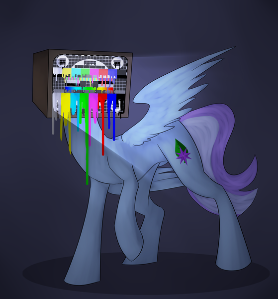 Size: 1574x1690 | Tagged: artist needed, safe, derpibooru import, oc, oc:peppermint crunch, unofficial characters only, pegasus, pony, creepy, female, light source, mare, nightmare fuel, solo, television, test card, wat