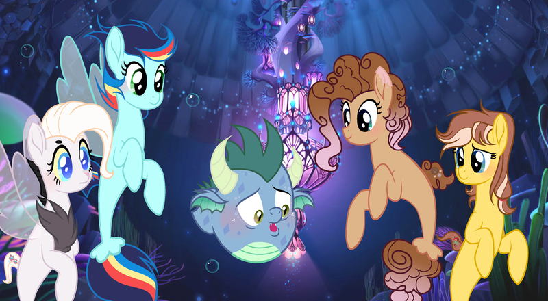 Size: 4096x2252 | Tagged: artist:velveagicsentryyt, derpibooru import, movie accurate, my little pony: the movie, next generation, oc, oc:apple cheek, oc:chocolate pie, oc:cold cloud, oc:flame retardant, oc:soft skills, safe, seapony (g4), unofficial characters only