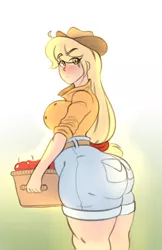 Size: 800x1237 | Tagged: apple, applebucking thighs, applebutt, applejack, artist:skully, ass, basket, breasts, busty applejack, button-up shirt, clothes, cowboy hat, denim shorts, derpibooru import, female, food, hat, human, humanized, jeans, looking at you, pants, shorts, solo, solo female, stetson, suggestive, the ass was fat, thunder thighs