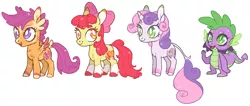 Size: 1033x438 | Tagged: safe, artist:xenon, derpibooru import, apple bloom, scootaloo, spike, sweetie belle, classical unicorn, dragon, earth pony, pegasus, pony, unicorn, alternate cutie mark, alternate design, bearded dragon, chest fluff, cloven hooves, coat markings, colored hooves, colored wings, cutie mark, cutie mark crusaders, extra fluffy, female, filly, frills, leonine tail, male, redesign, simple background, socks (coat marking), tail feathers, the cmc's cutie marks, unshorn fetlocks, white background