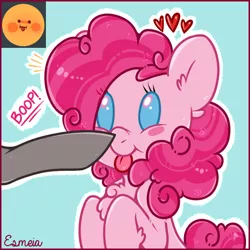 Size: 512x512 | Tagged: safe, artist:esmeia, derpibooru import, pinkie pie, pony, beady eyes, blush sticker, blushing, boop, bust, cheek fluff, chest fluff, cute, diapinkes, ear fluff, emoji, emoticon, female, fluffy, leg fluff, mare, offscreen character, simple background, solo, tongue out