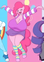 Size: 799x1126 | Tagged: anthro, artist:marauder6272, artist:pervynamek02, big breasts, breasts, busty pinkie pie, clothes, converse, cropped, derpibooru import, edit, female, huge breasts, pinkie pie, plantigrade anthro, shoes, socks, solo, solo female, striped socks, suggestive