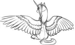 Size: 1024x620 | Tagged: safe, artist:mythpony, derpibooru import, oc, oc:myth, unofficial characters only, alicorn, pony, alicornified, female, mare, monochrome, race swap, sitting, sketch, solo, spread wings, wings