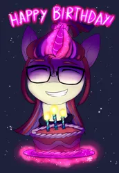 Size: 662x960 | Tagged: safe, artist:princesketchy, derpibooru import, moondancer, unicorn, birthday cake, cake, eyes closed, female, food, glasses, glowing horn, magic, mare, smiling, solo