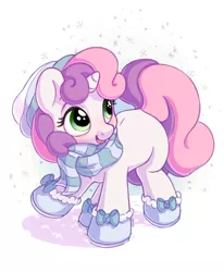 Size: 1050x1275 | Tagged: safe, artist:bobdude0, derpibooru import, sweetie belle, pony, unicorn, clothes, cute, diasweetes, female, filly, hnnng, scarf, smiling, snow, snowfall, solo, weapons-grade cute, winter outfit