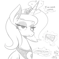 Size: 500x500 | Tagged: dead source, suggestive, artist:reiduran, derpibooru import, princess luna, alicorn, pony, cheese, ear fluff, female, food, glorious grilled cheese, glowing horn, grayscale, grilled cheese, jewelry, levitation, lidded eyes, magic, mare, monochrome, regalia, simple background, sketch, solo, telekinesis, thought bubble, unamused, watching porn, watching tv, white background