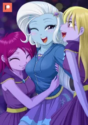 Size: 707x1000 | Tagged: safe, artist:uotapo, derpibooru import, fuchsia blush, lavender lace, trixie, equestria girls, rainbow rocks, background human, blushing, breasts, busty trixie, clothes, cute, diatrixes, eyes closed, female, friendshipping, hairpin, hoodie, hug, one eye closed, open mouth, patreon, patreon logo, skirt, smiling, trio, trixie and the illusions, trixie gets all the mares, wink, zipper