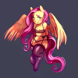 Size: 1500x1500 | Tagged: adorasexy, anthro, arm behind back, artist:voyager, black underwear, breasts, clothes, cute, derpibooru import, female, fluttershy, garter belt, lingerie, looking sideways, mare, panties, pegasus, sexy, simple background, small breasts, smiling, solo, solo female, spread wings, stockings, suggestive, thigh highs, underwear, unguligrade anthro, wings