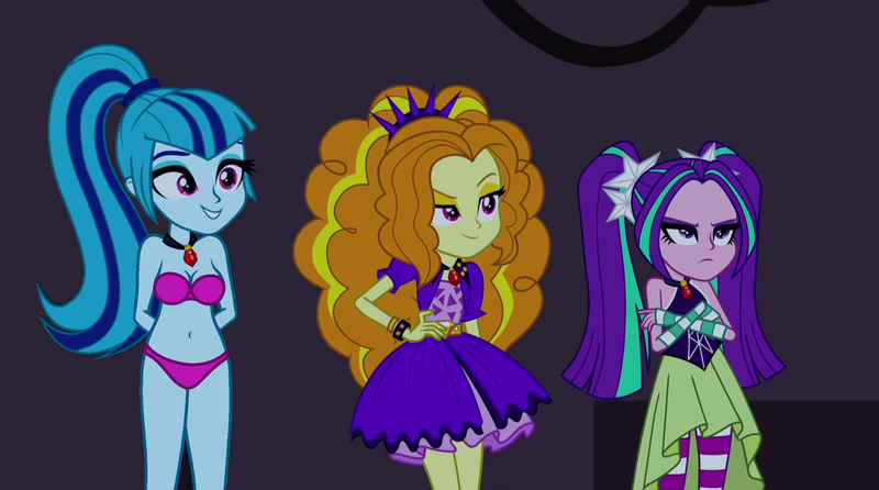 Size: 1280x714 | Tagged: suggestive, derpibooru import, edit, edited edit, edited screencap, editor:ah96, editor:slayerbvc, screencap, adagio dazzle, aria blaze, sonata dusk, equestria girls, rainbow rocks, bra, breasts, clothes, dress, panties, pink underwear, the dazzlings, underwear, underwear edit