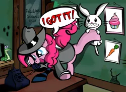 Size: 1024x744 | Tagged: safe, artist:dan232323, derpibooru import, angel bunny, gummy, pinkie pie, earth pony, pony, desk, detective, dialogue, door, female, mare, necktie, office, sam and max, smiling, telephone