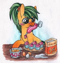 Size: 737x772 | Tagged: safe, artist:red-watercolor, derpibooru import, oc, oc:pepper slice, oc:sweet heat, unofficial characters only, earth pony, pony, cooking, cupcake, egg, food, hand drawing, male, mouth hold, ponytail, solo, traditional art