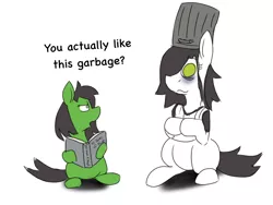 Size: 2048x1536 | Tagged: safe, derpibooru import, oc, oc:anonfilly, oc:trash, unofficial characters only, book, dialogue, duo, female, fifty shades of grey, filly, looking at each other, nervous, open mouth, reading, sitting, trash can