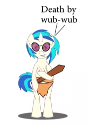 Size: 905x1267 | Tagged: safe, artist:planetkiller, derpibooru import, vinyl scratch, pony, unicorn, bipedal, bra, chest fluff, clothes, club, death by snu snu, female, implied death, implied sex, innuendo, loincloth, looking at you, mare, scowl, simple background, snu-snu, standing up, sunglasses, underwear