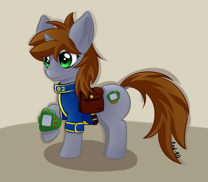 Size: 1600x1400 | Tagged: safe, artist:red-rd, derpibooru import, oc, oc:littlepip, unofficial characters only, pony, unicorn, fallout equestria, fanfic, clothes, dock, fanfic art, female, hooves, horn, mare, pipbuck, saddle bag, simple background, smiling, solo, vault suit