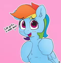 Size: 1280x1341 | Tagged: safe, artist:pabbley, color edit, derpibooru import, edit, rainbow dash, pegasus, pony, 30 minute art challenge, blushing, bronybait, colored, cute, dashabetes, dialogue, ear fluff, female, implied anon, looking at you, mare, open mouth, pink background, simple background, solo, suggestive source, talking to viewer