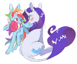 Size: 1537x1274 | Tagged: safe, artist:xenon, derpibooru import, rainbow dash, rarity, classical unicorn, pegasus, pony, unicorn, blushing, bouquet, cloven hooves, eye contact, female, leonine tail, lesbian, looking at each other, mare, mouth hold, no pupils, raridash, shipping, simple background, sketch, smiling, unshorn fetlocks, white background