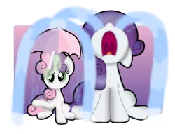Size: 1024x782 | Tagged: artist:bubbly-storm, crying, derpibooru import, drama queen, female, marshmelodrama, nose in the air, ocular gushers, rarity, safe, simple background, sisters, sweetie belle, sweetie belle's magic brings a great big smile, transparent background, umbrella, uvula