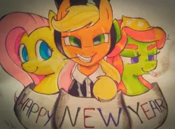 Size: 1024x753 | Tagged: safe, artist:gingerthefox, derpibooru import, applejack, fluttershy, tree hugger, pony, banner, bust, cigarette, clothes, happy new year, holiday, looking at you, smiling, sparkler (firework), traditional art, trio