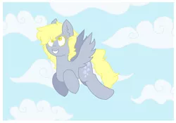 Size: 1024x715 | Tagged: safe, artist:lesleythehero, derpibooru import, derpy hooves, pegasus, pony, cloud, colored pupils, flying, ms paint, sky, smiling, solo