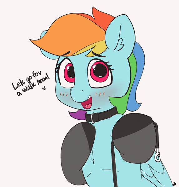 Size: 1280x1341 | Tagged: suggestive, artist:pabbley, color edit, derpibooru import, edit, rainbow dash, pony, blushing, clothes, collar, colored, cute, dashabetes, dialogue, dominant pov, female, femsub, leash, looking at you, mare, open mouth, pet play, pet-dash, simple background, socks, solo, solo female, submissive, talking to viewer, white background