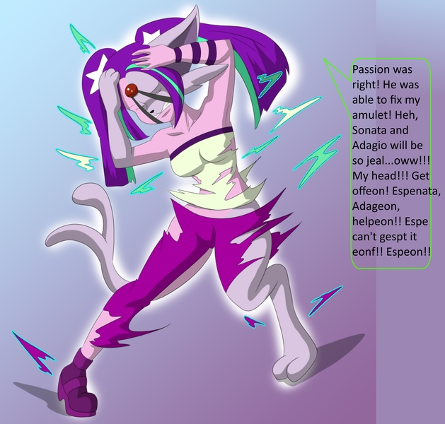 Size: 5000x4767 | Tagged: questionable, artist:jrain9110, artist:tfsubmissions, derpibooru import, aria blaze, espeon, equestria girls, absurd resolution, armpits, breasts, clothes, eyes closed, female, gem, gritted teeth, hands on head, implied oc, pokémon, psychic powers, simple background, siren gem, solo, solo female, speech bubble, speech change, telekinesis, torn clothes, transformation, wardrobe malfunction