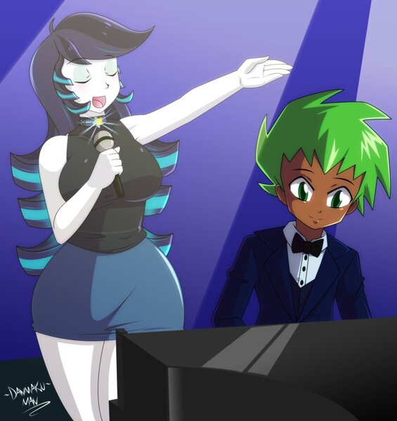 Size: 868x921 | Tagged: safe, artist:danmakuman, derpibooru import, coloratura, spike, human, equestria girls, the mane attraction, armpits, breasts, busty coloratura, dark skin, equestria girls-ified, female, human spike, humanized, male, piano, rara, singing