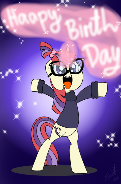 Size: 800x1214 | Tagged: safe, artist:emositecc, derpibooru import, moondancer, pony, bipedal, glowing horn, happy birthday, magic, solo