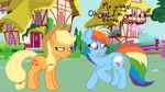 Size: 973x546 | Tagged: safe, artist:moophins, artist:mrbunbun20056, derpibooru import, edit, applejack, rainbow dash, pony, applejack is not amused, duo, earth pony rainbow dash, female, mare, narrowed eyes, pony racism, race swap, speech, this will end in angry countryisms, this will end in pain and/or angry countryisms, trace, unamused