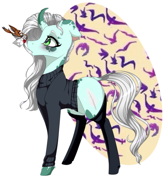 Size: 1385x1509 | Tagged: safe, artist:xxmissteaxx, derpibooru import, oc, oc:essay, unofficial characters only, bird, pony, clothes, curved horn, female, letter, mare, simple background, sparrow, transparent background