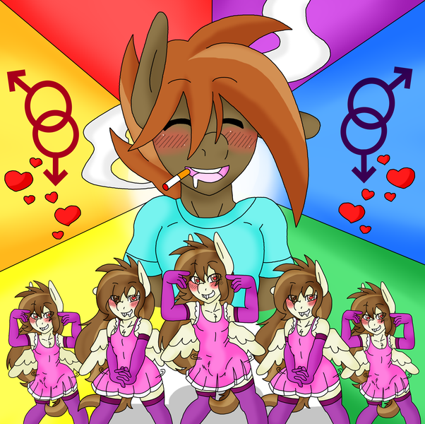 Size: 2170x2163 | Tagged: anthro, artist:blackbewhite2k7, button mash, cigarette, crossdressing, crotch bulge, derpibooru import, featherweight, femboy, gay, heart, male, male symbol, me!me!me!, older, questionable, rainbow, trap