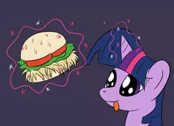 Size: 1760x1280 | Tagged: safe, artist:phat_guy, derpibooru import, twilight sparkle, alicorn, pony, :p, burger, bust, female, food, glowing horn, hay burger, levitation, looking at something, magic, mare, portrait, purple background, silly, simple background, smiling, solo, telekinesis, that pony sure does love burgers, tongue out, twilight burgkle