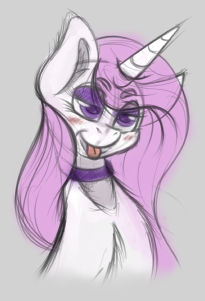 Size: 684x1000 | Tagged: suggestive, artist:thexiiilightning, derpibooru import, fleur-de-lis, unicorn, bedroom eyes, blushing, chest fluff, choker, cute, ear fluff, female, fleurabetes, sketch, solo, solo female, tongue out