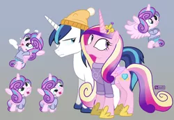 Size: 750x520 | Tagged: safe, artist:dm29, derpibooru import, princess cadance, princess flurry heart, shining armor, alicorn, pony, unicorn, :t, clothes, cross-eyed, cute, flurrybetes, flying, frown, gradient background, hat, lidded eyes, looking away, looking back, looking down, looking up, male, open mouth, smiling, snow, spread wings, stallion, sweater, throwing, unamused, wings