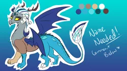 Size: 1024x576 | Tagged: safe, artist:gjkou, derpibooru import, oc, oc:heiress angelite, unofficial characters only, draconequus, hybrid, draconequus oc, female, next generation, offspring, parent:discord, parent:princess ember, parents:embercord, reference sheet, solo