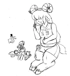 Size: 1346x1466 | Tagged: artist:oneovertwo, basketball, clothes, derpibooru import, eating, food, jersey, juice, juice box, oc, oc:ariana, oc:lola seed, offspring, parent:arimaspi, parent:babs seed, safe, sandwich, satyr, size difference, sports, traditional art, unofficial characters only