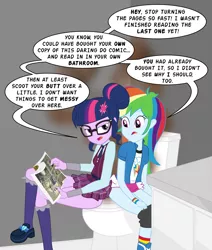 Size: 1280x1508 | Tagged: suggestive, artist:microscribbles, derpibooru import, rainbow dash, sci-twi, twilight sparkle, equestria girls, bathroom, but why, clothes, comic book, countertop, dialogue, fart, fetish, glasses, implied pooping, panties, panties pulled down, pants, pants down, potty time, relief, scat, sharing a toilet, toilet, underwear