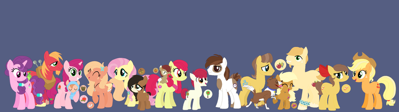 Size: 2948x828 | Tagged: safe, artist:paint-pot, derpibooru import, apple bloom, applejack, big macintosh, caramel, fluttershy, pipsqueak, sugar belle, winona, oc, oc:acorn, oc:apple buck, oc:apple cider, oc:apple patch, oc:apple slice, oc:butterfly, oc:cinnamon apple, oc:sweet apple, oc:toffee apple, pony, baby, baby pony, base used, blue background, carajack, female, fluttermac, licking, male, offspring, older, parent:apple bloom, parent:applejack, parent:big macintosh, parent:caramel, parent:fluttershy, parent:pipsqueak, parent:sugar belle, parent:troubleshoes clyde, parents:carajack, parents:fluttermac, parents:pipbloom, parents:sugarmac, parents:troubleshy, pipbloom, shipping, simple background, straight, sugarmac, tongue out