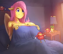 Size: 1000x859 | Tagged: anthro, artist:maarthul, bed, between breasts, big breasts, breasts, busty fluttershy, covering, crossover, derpibooru import, erect nipples, female, fluttershy, fluttershy sleeps naked, huge breasts, impossibly large breasts, knuckles the echidna, meme, nipple outline, pegasus, queen, sonic the hedgehog (series), suggestive, ugandan knuckles, under the covers, wat