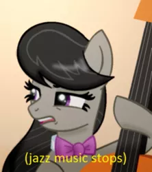 Size: 505x568 | Tagged: safe, derpibooru import, octavia melody, earth pony, pony, bowtie, cello, disgusted, female, image macro, jazz music stops, mare, meme, musical instrument, parody, ponified meme, reaction image, solo