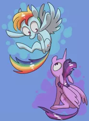 Size: 600x810 | Tagged: safe, artist:starstation, derpibooru import, rainbow dash, twilight sparkle, twilight sparkle (alicorn), alicorn, pegasus, pony, abstract background, duo, eye contact, female, flying, kinetic contrast, looking at each other, looking down, looking up, mare, simple background, sitting
