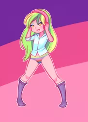 Size: 1152x1584 | Tagged: safe, artist:drantyno, derpibooru import, lemon zest, equestria girls, clothes, cute, female, headphones, panties, rainbow underwear, shirt, smiling, socks, solo, striped background, underwear, zestabetes