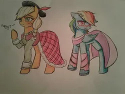 Size: 1600x1200 | Tagged: safe, artist:ponime11, derpibooru import, applejack, rainbow dash, pony, blushing, clothes, dress, rainbow dash always dresses in style, traditional art