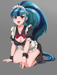 Size: 680x900 | Tagged: suggestive, artist:thebrokencog, derpibooru import, sonata dusk, human, adorasexy, blushing, boob window, bowtie, breasts, busty sonata dusk, cleavage, clothes, cute, female, full body, gray background, humanized, kneeling, looking at you, maid, open mouth, sexy, simple background, solo, solo female, stupid sexy sonata dusk, tongue out