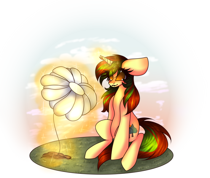 Size: 3000x2544 | Tagged: safe, artist:harlyoron, derpibooru import, oc, oc:northern spring, unofficial characters only, unicorn, abstract background, big ears, female, flower, glowing horn, lip bite, magic, magic glow, simple background, transparent background, ych result
