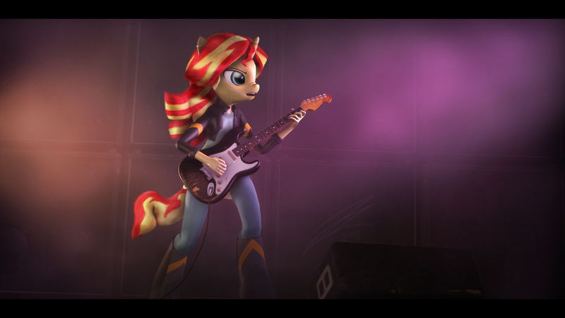 Size: 9600x5400 | Tagged: safe, artist:imafutureguitarhero, derpibooru import, sunset shimmer, anthro, unguligrade anthro, unicorn, 3d, absurd resolution, alternate hairstyle, amplifier, black bars, boots, cable, cheek fluff, chin fluff, clothes, detailed eyes, detailed hair, dress, ear fluff, ear piercing, earring, electric guitar, equestria girls outfit, female, fender stratocaster, film grain, fog, guitar, jacket, jeans, jewelry, leather jacket, light show, monitor, motion blur, musical instrument, neck fluff, nose wrinkle, open mouth, paintover, pants, piercing, playing instrument, ring, shoes, signature, smoke, solo, source filmmaker, stage, stratocaster, sunset shredder, sweat, wall of tags, wallpaper, widescreen, windswept hair, windswept mane, windswept tail